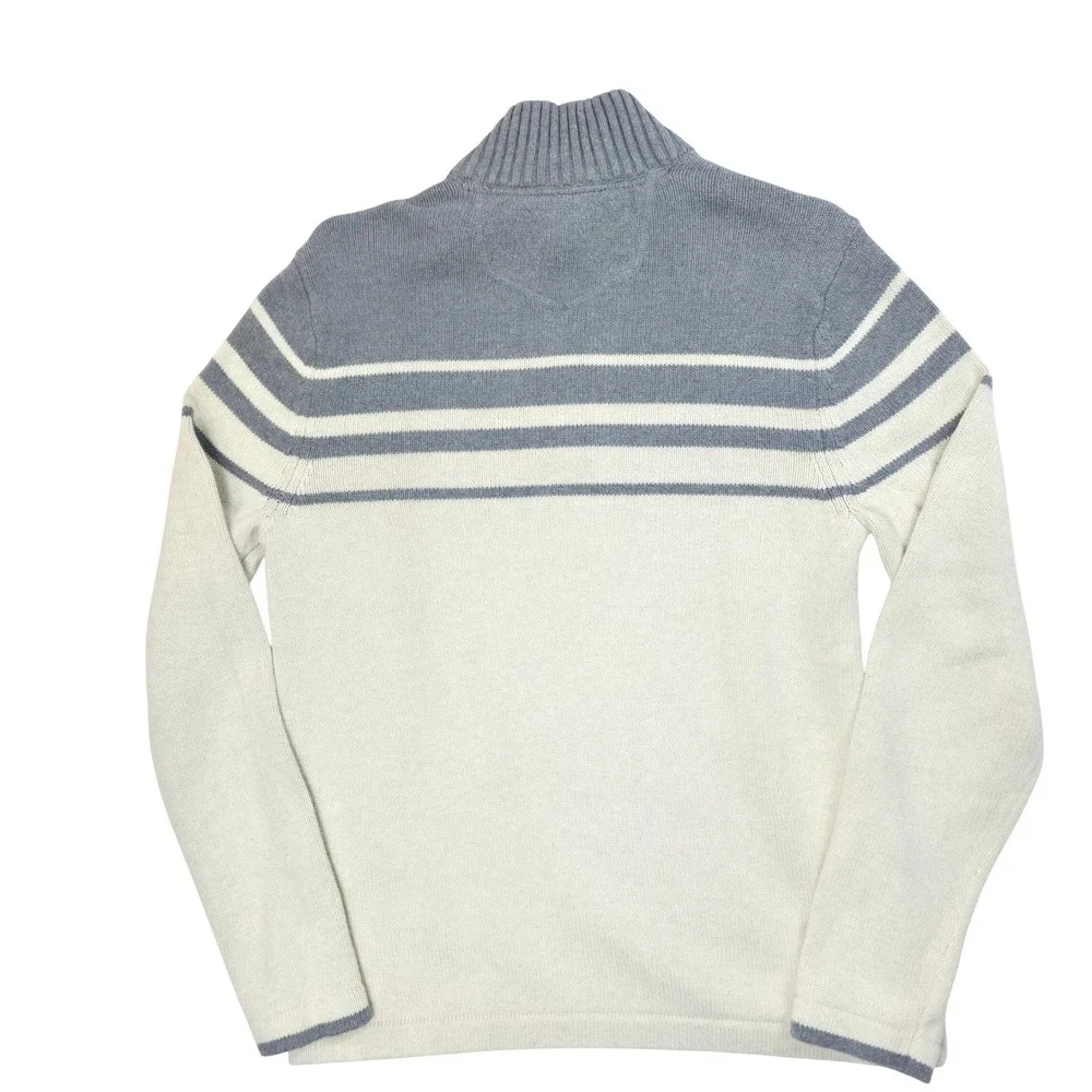 Eddie Bauer Mens Quarter Zip Sweater Small Grey Cream Striped 100% Cotton Knit